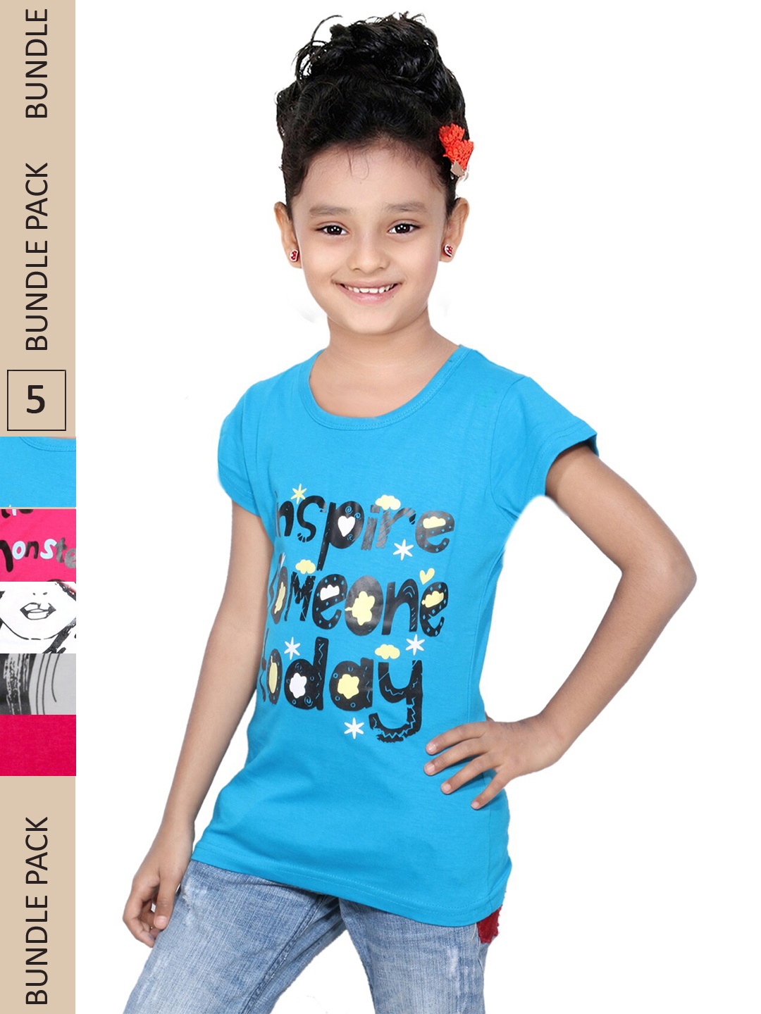 

IndiWeaves Girls Pack Of 3 Typography Printed Casual Pure Cotton T-shirts, Pink