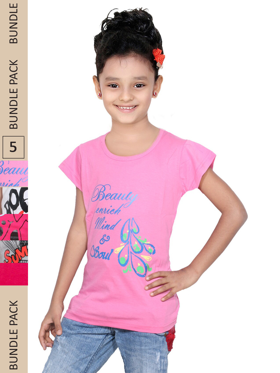 

IndiWeaves Girls Multicoloured Floral 4 Printed T-shirt, Multi