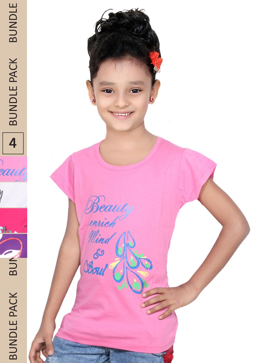 

IndiWeaves Girls Pack Of 4 Printed Knitted Pure Cotton T-Shirts, Rose