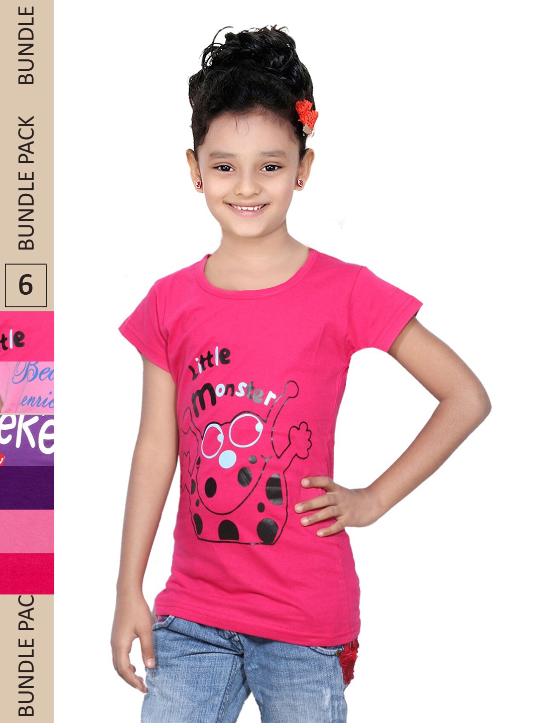 

IndiWeaves Girls Multicoloured Typography 3 Printed Mandarin Collar Applique T-shirt, Multi