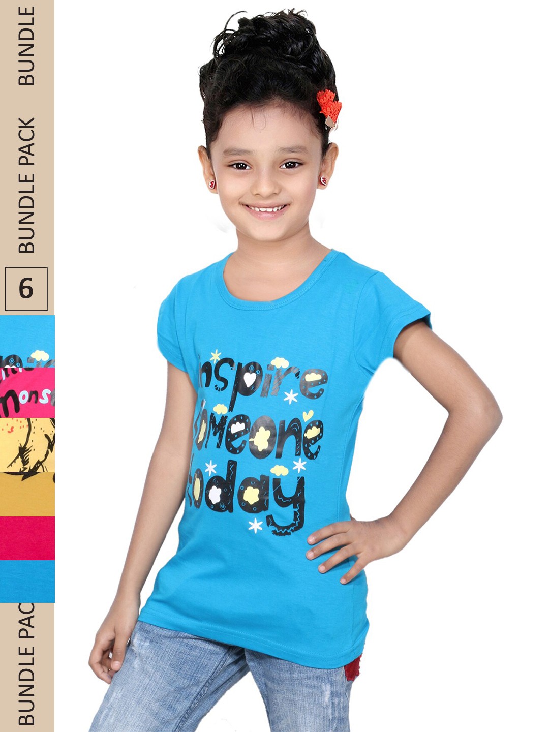 

IndiWeaves Girls Pack Of 3 Typography Printed Pure Cotton T-shirt, Blue