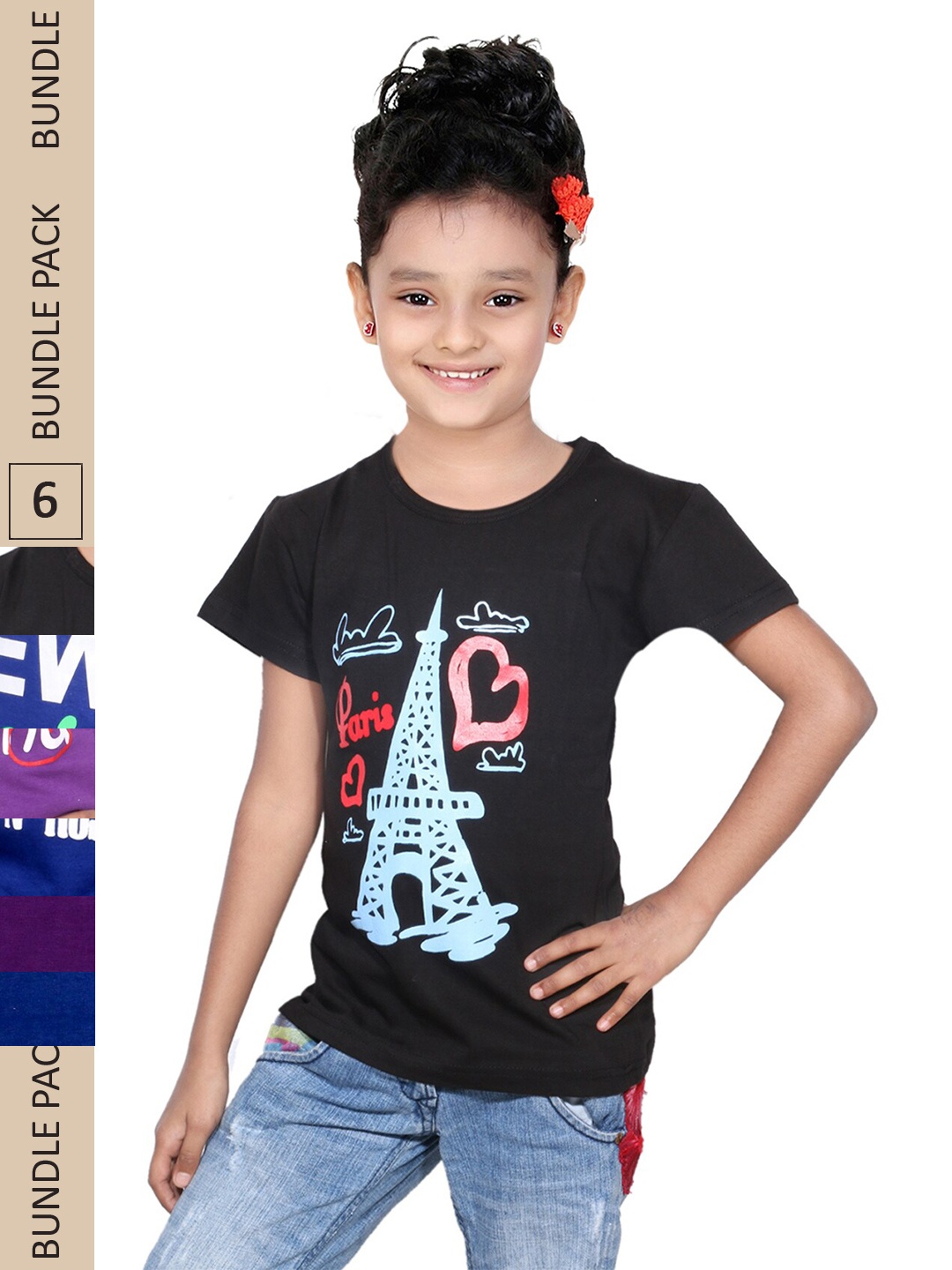 

IndiWeaves Girls Pack Of 4 Typography Printed Casual Pure Cotton T-shirts, Black