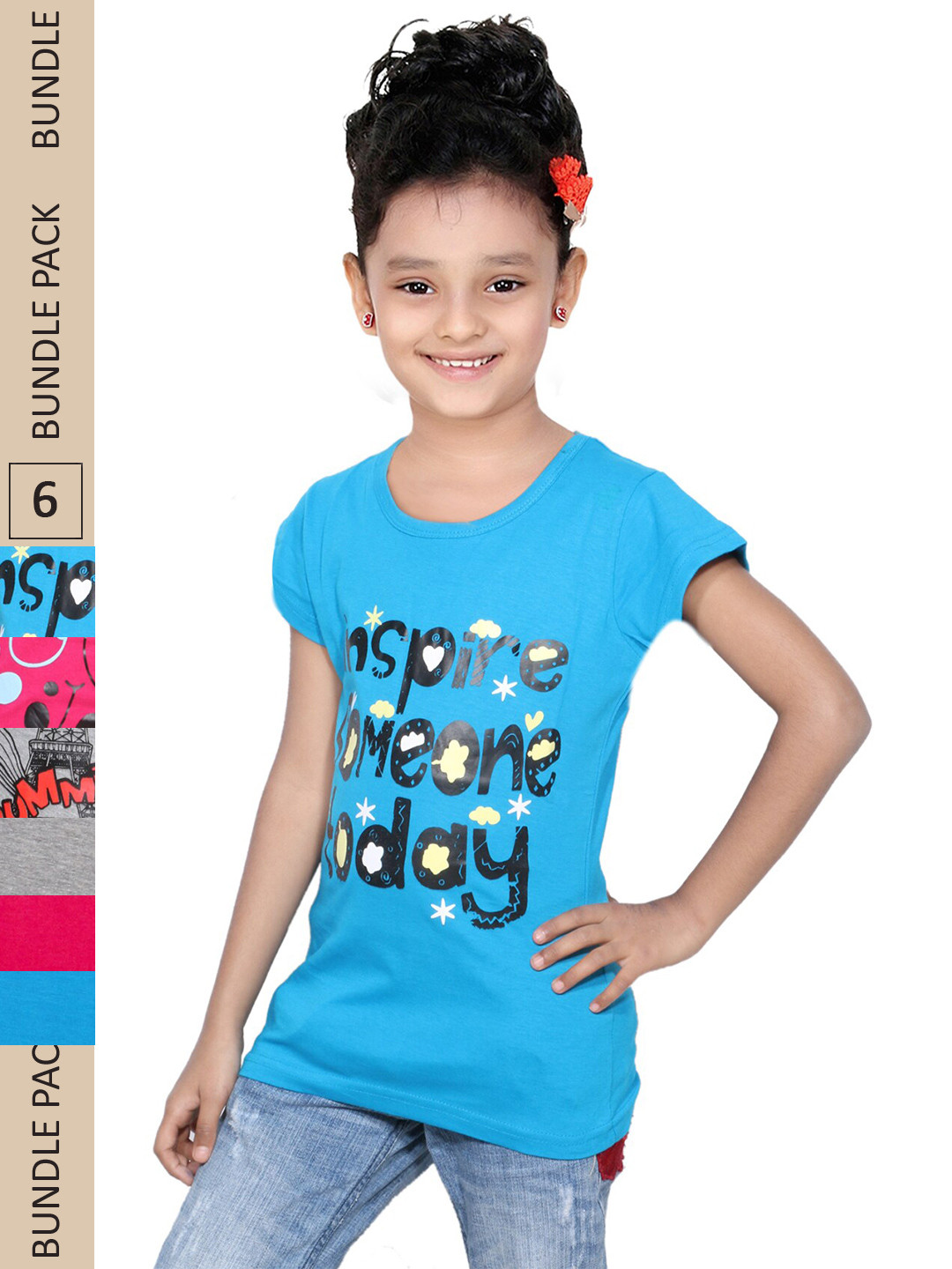 

IndiWeaves Girls Pack Of 3 Typography Printed Pure Cotton T-shirt, Blue