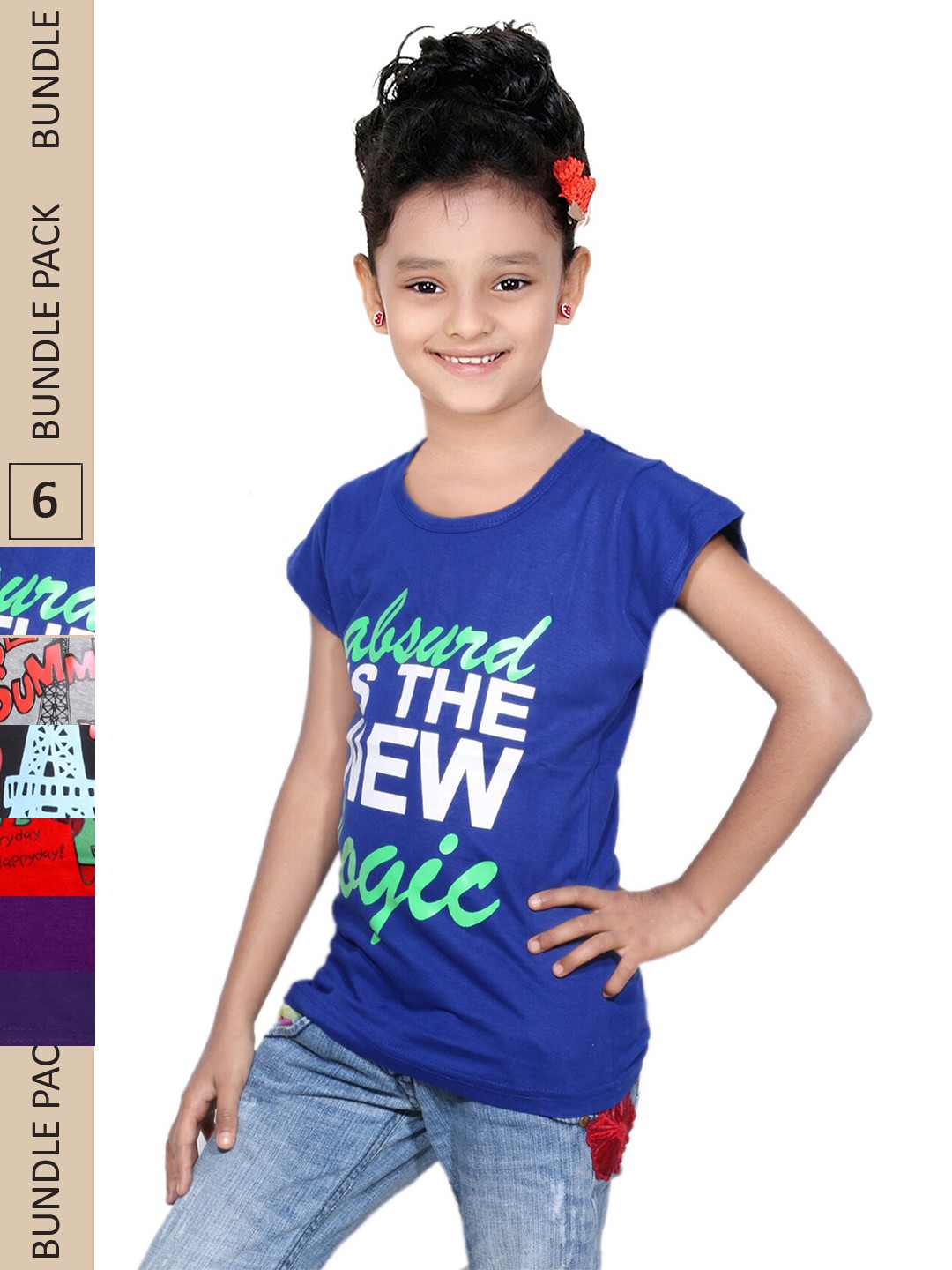 

IndiWeaves Girls Pack Of 5 Typography Printed Pure Cotton T-shirts, Black