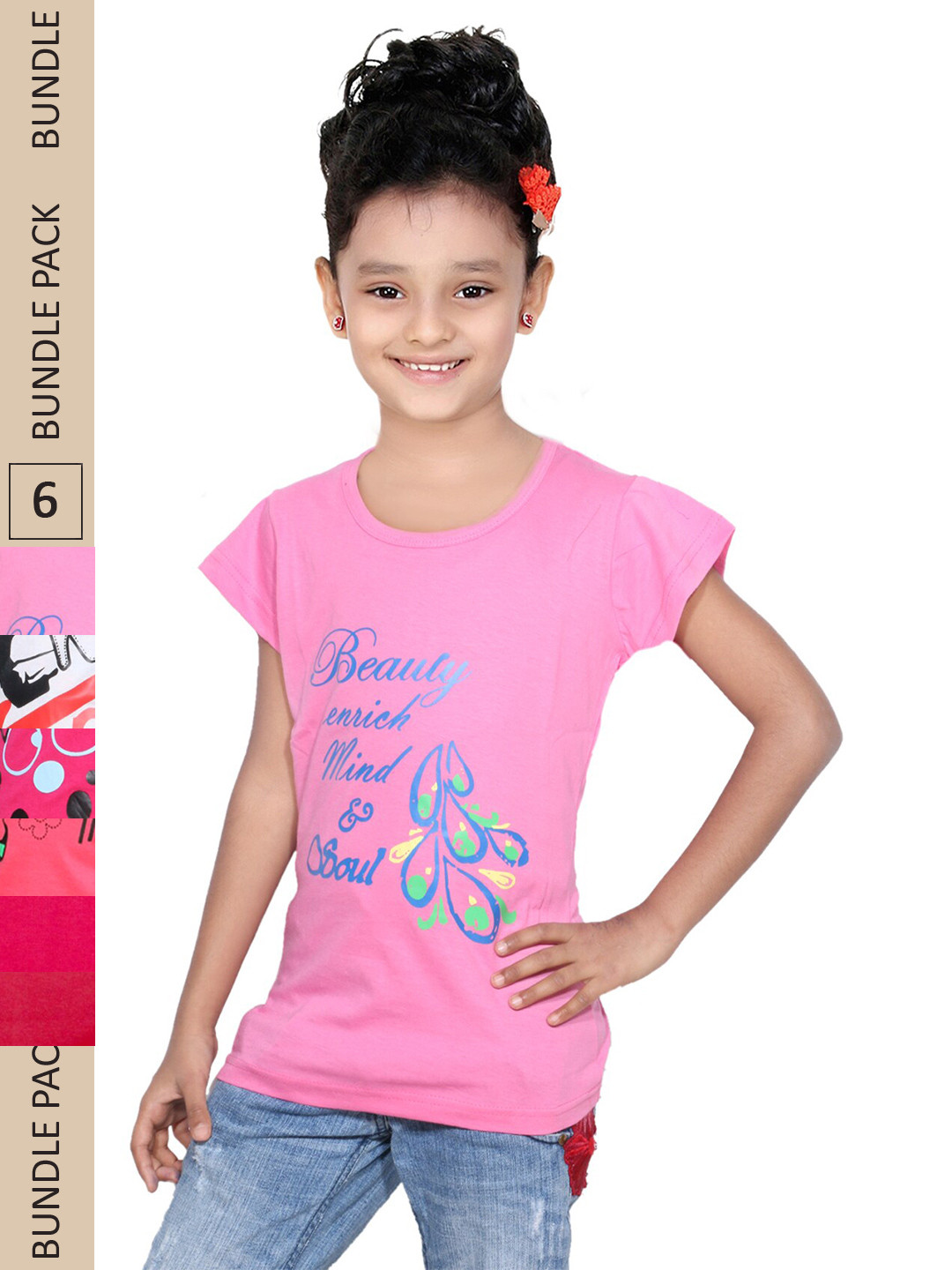 

IndiWeaves Girls Pack of 4 Printed Pure Cotton T-shirts, Pink