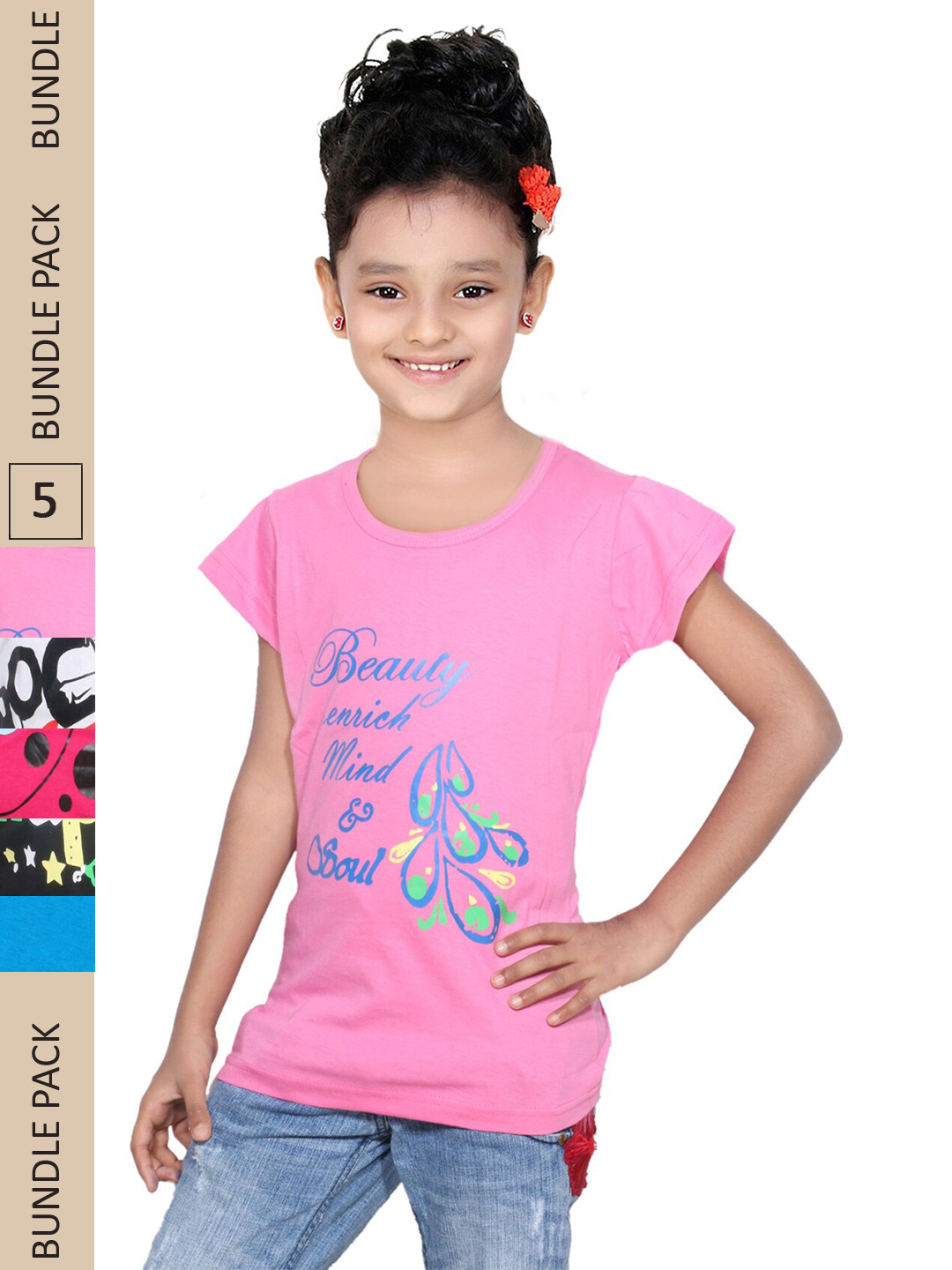 

IndiWeaves Girls Pack of 5 Printed Pure Cotton T-shirts, Multi