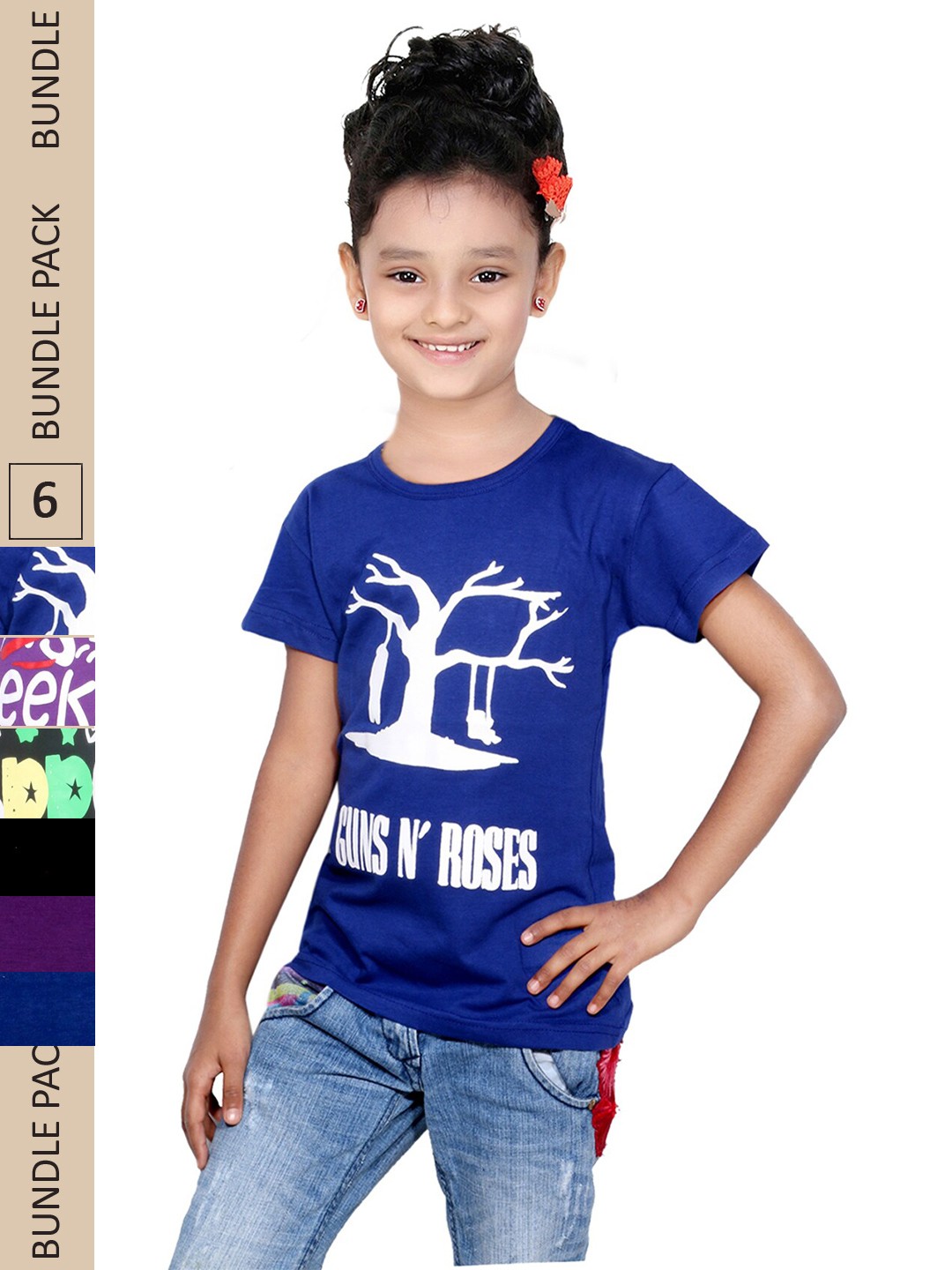 

IndiWeaves Girls Pack Of 3 Typography Printed Pure Cotton T-shirts, Blue