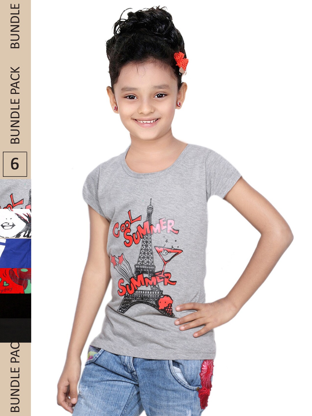 

IndiWeaves Girls Multicoloured Typography 5 Printed Extended Sleeves Applique T-shirt, Multi