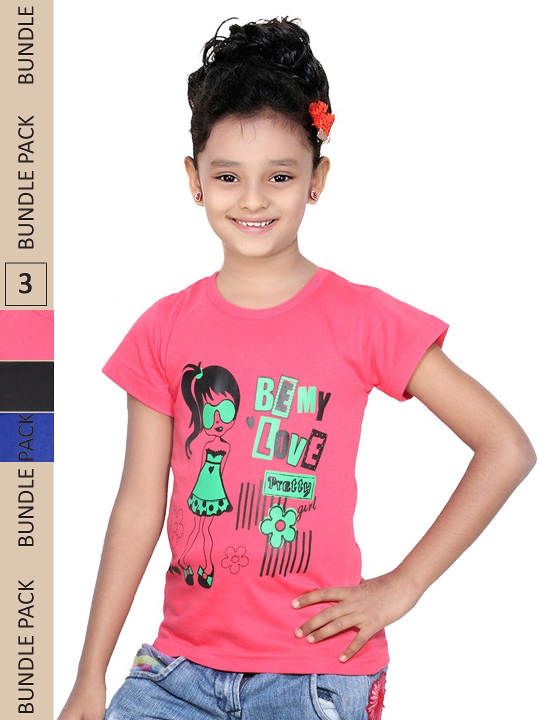 

IndiWeaves Girls Multicoloured 3 Printed Applique T-shirt, Multi
