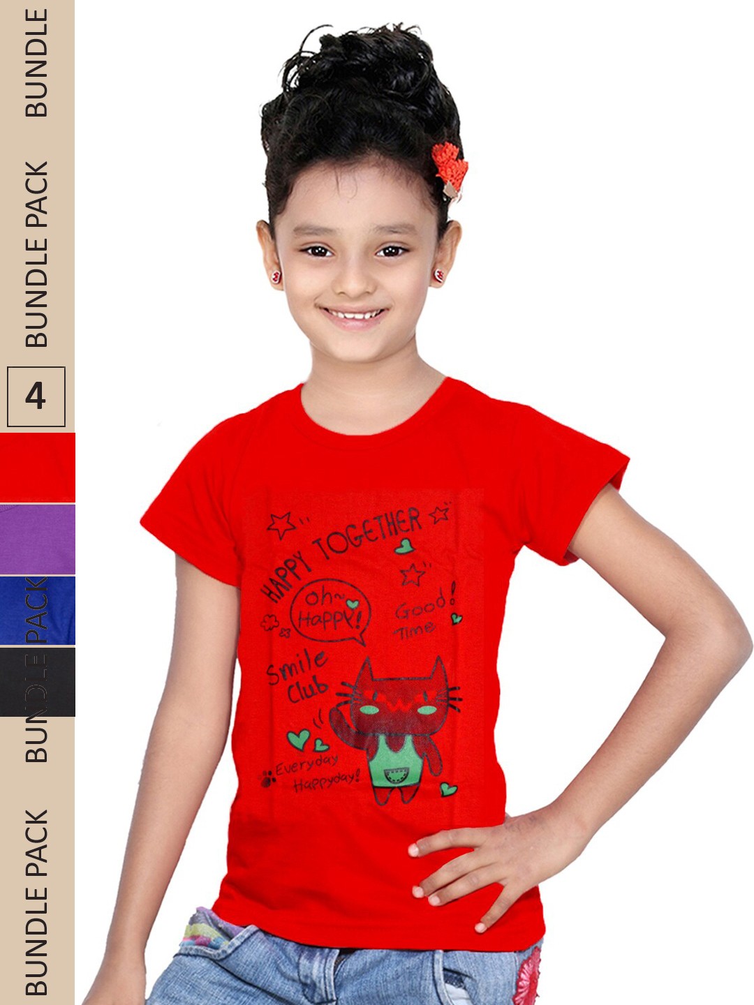 

IndiWeaves Girls Pack Of 4 Printed Pure Cotton T-shirt, Red