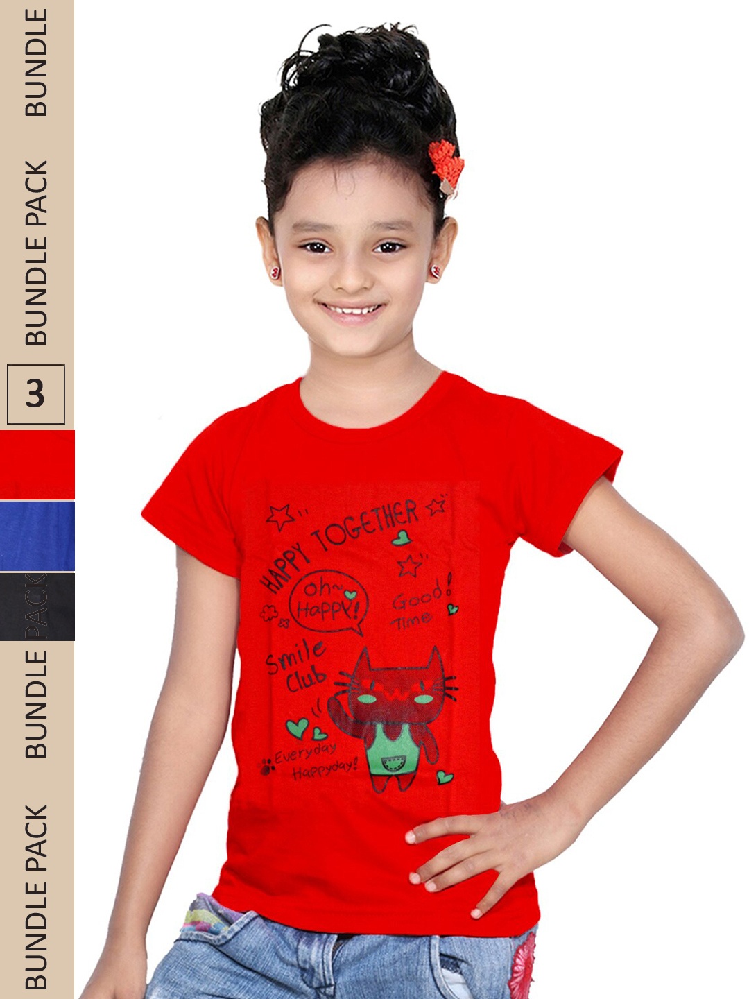 

IndiWeaves Girls Pack Of 3 Printed Pure Cotton T-shirt, Red