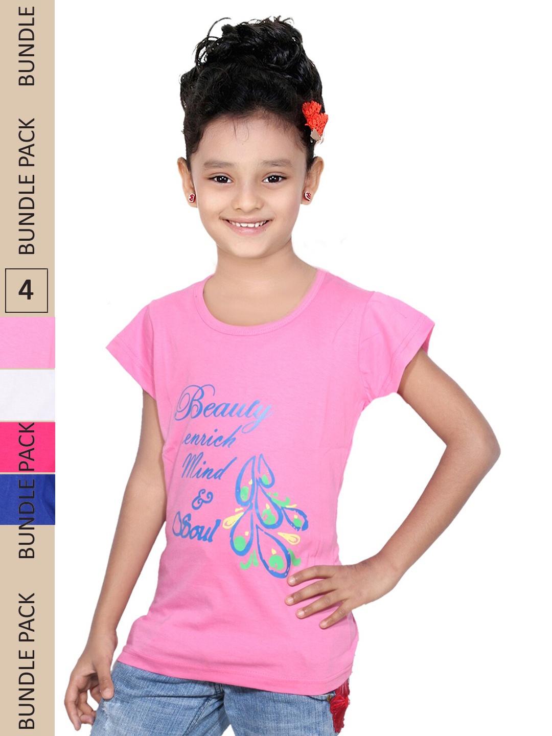 

IndiWeaves Girls Pack Of 4 Typography Printed Pure Cotton T-shirt, Pink
