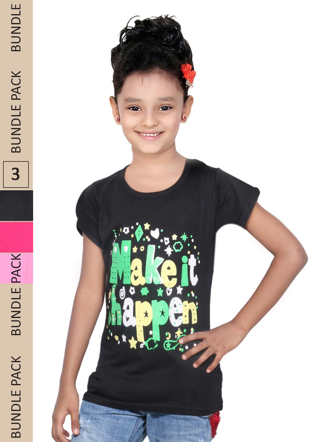 

IndiWeaves Girls Pack of 3 Printed Pure Cotton T-shirts, Black