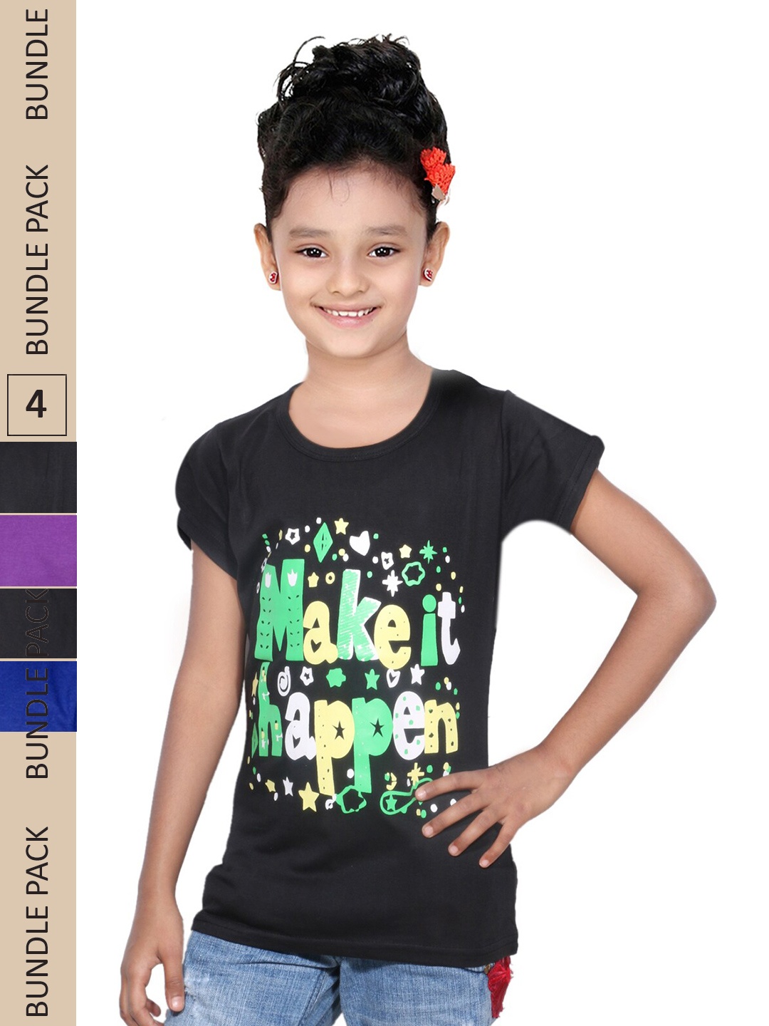 

IndiWeaves Girls Pack of 4 Printed Pure Cotton T-shirts, Black