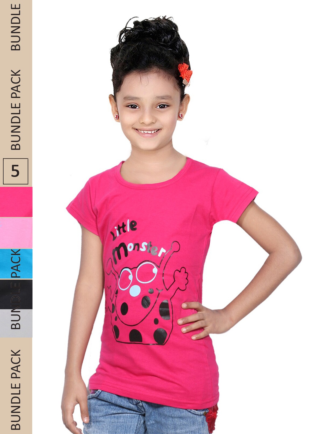 

IndiWeaves Girls Pack of 5 Printed Pure Cotton T-shirts, Fuchsia