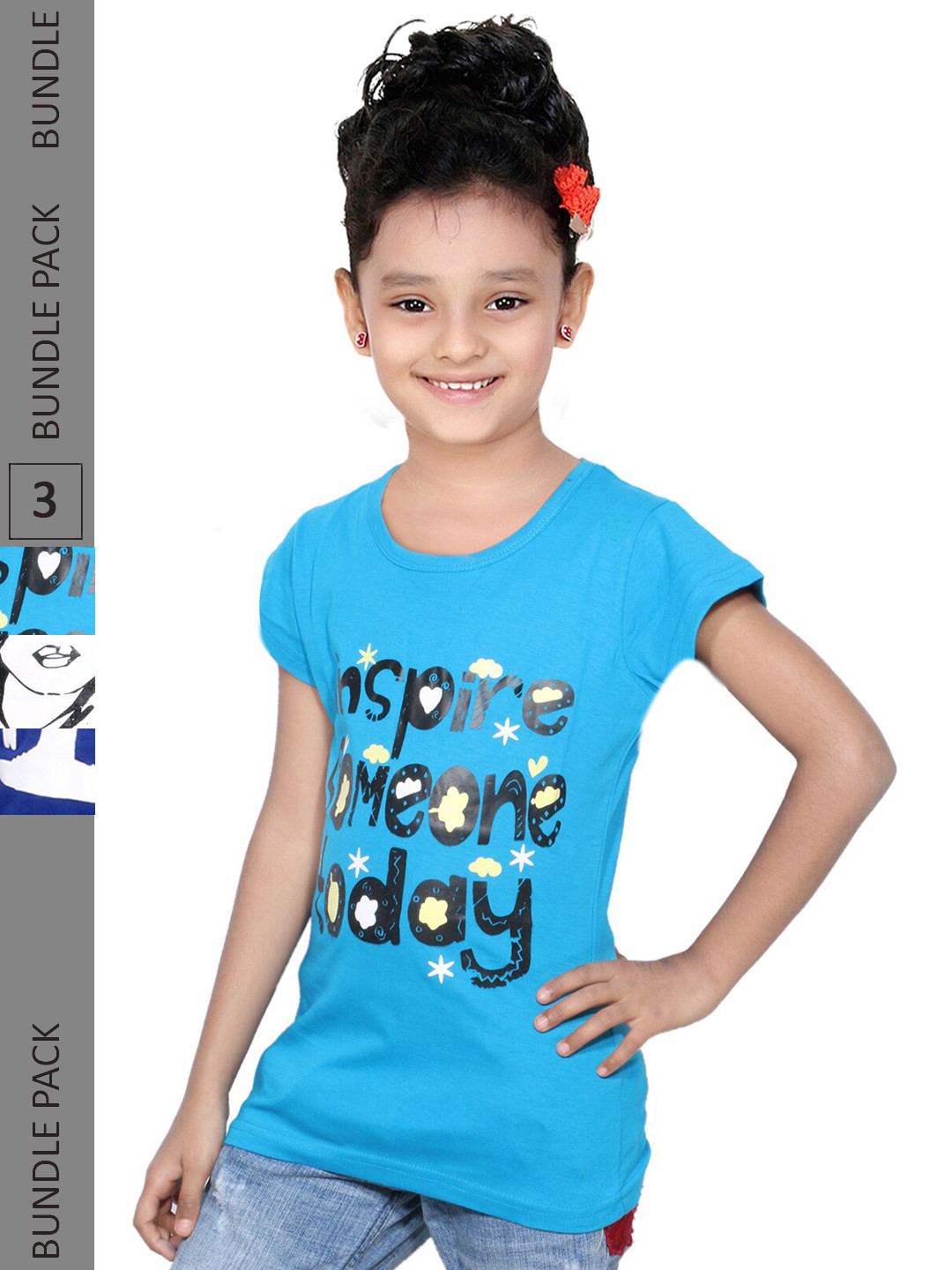 

IndiWeaves Girls Multicoloured 3 Printed Raw Edge T-shirt, Multi