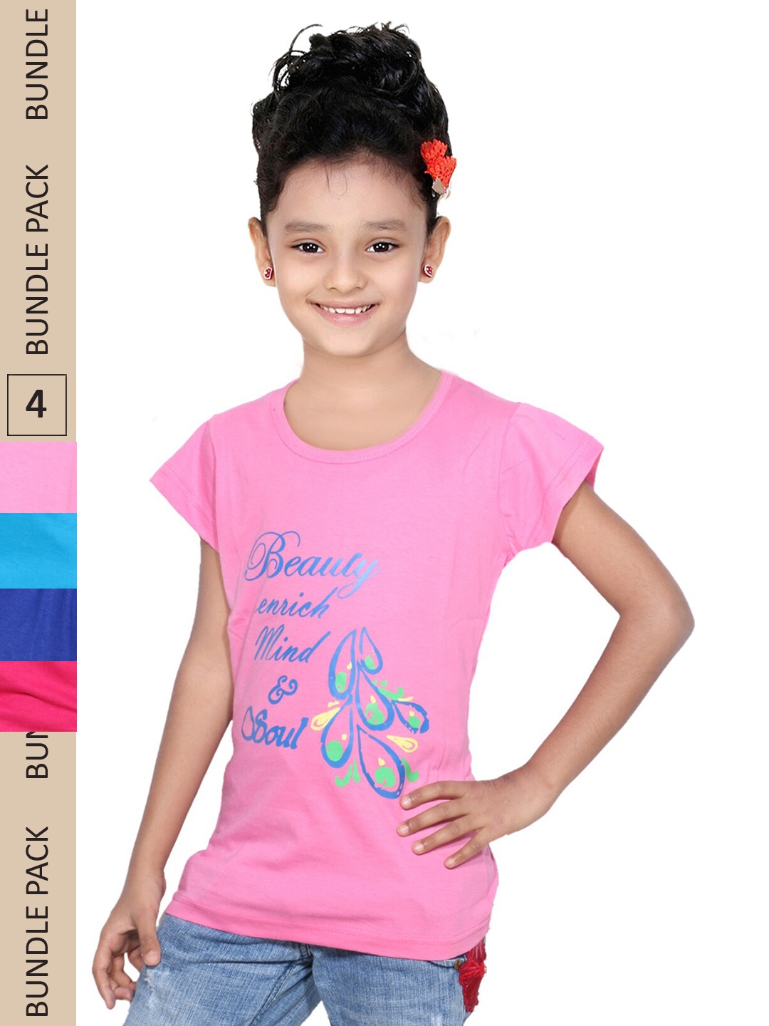 

IndiWeaves Girls Pack Of 4 Typography Printed Pure Cotton T-shirt, Pink
