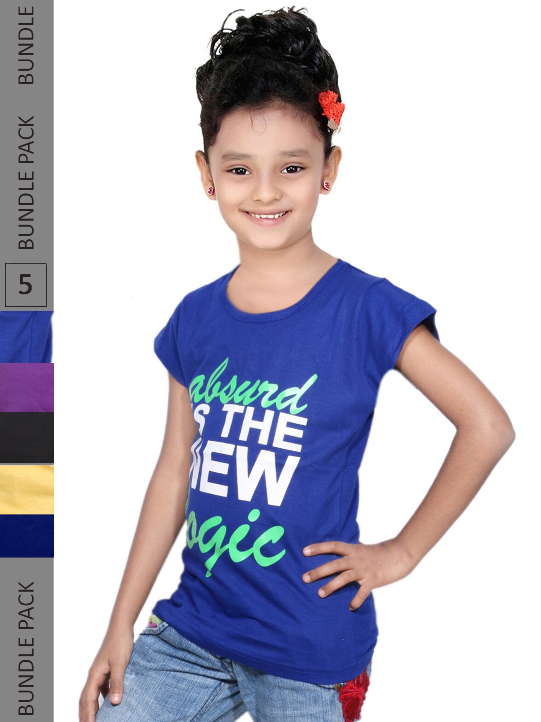 

IndiWeaves Girls Pack Of 5 Typography Printed Pure Cotton T-shirts, Blue
