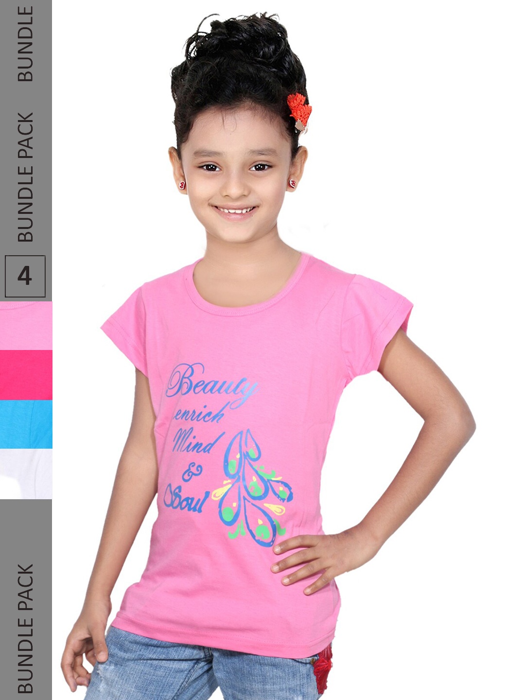 

IndiWeaves Girls Pack Of 4 Typography Printed Pure Cotton T-shirt, Pink