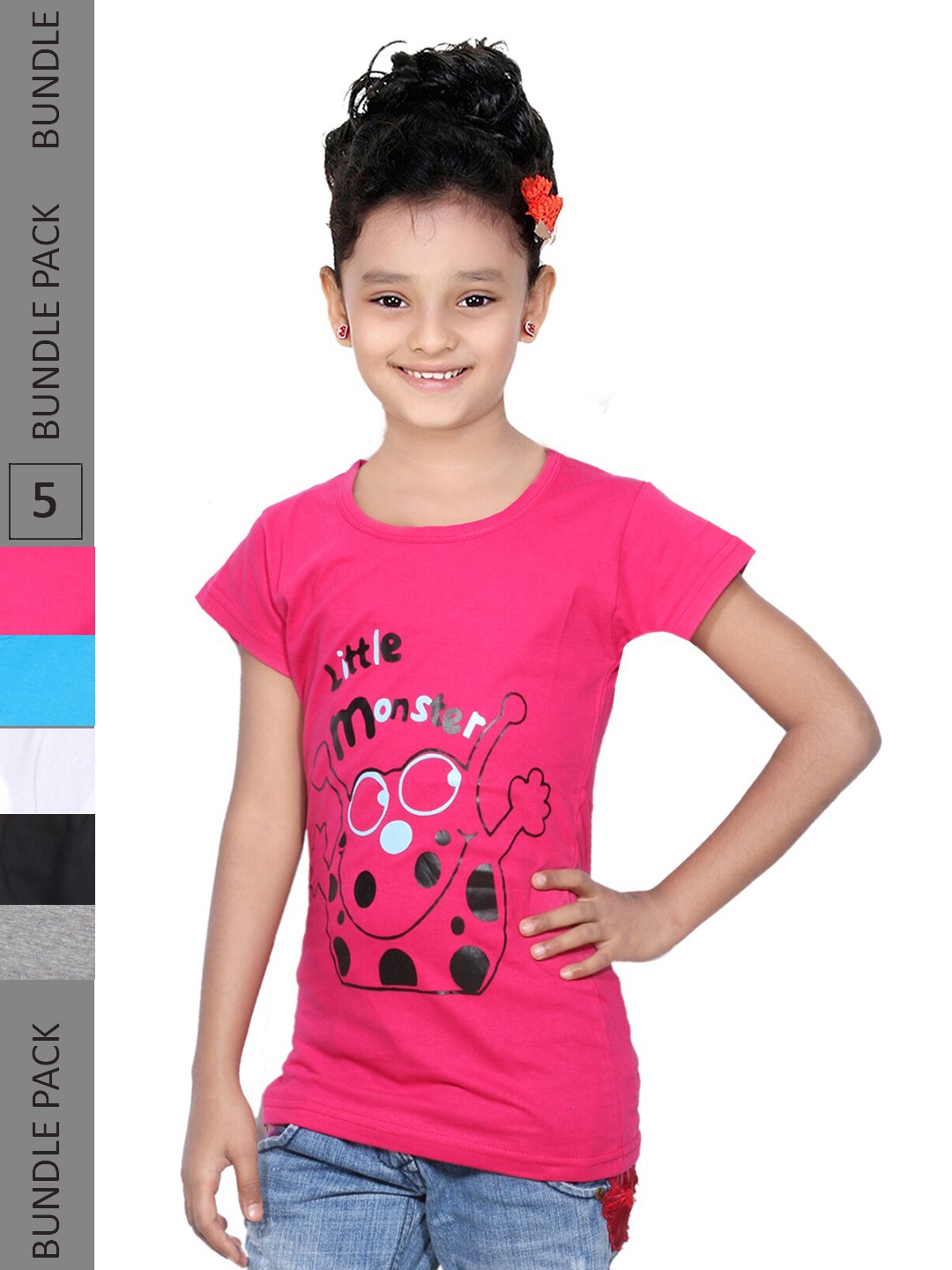 

IndiWeaves Girls Pack Of 5 Typography Printed Casual Pure Cotton T-shirts, Pink