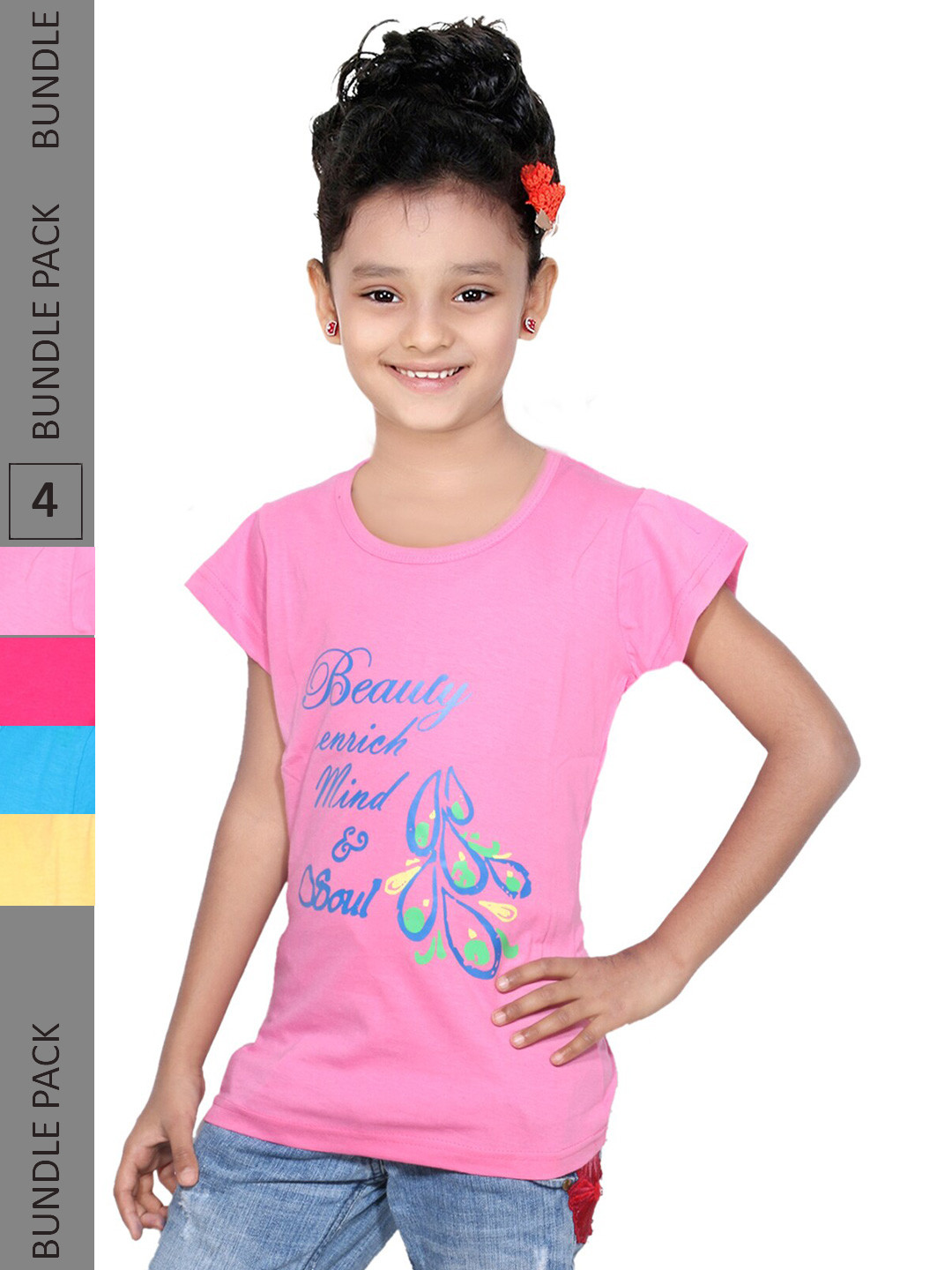

IndiWeaves Girls Pack Of 4 Printed Pure Cotton T-shirt, Pink