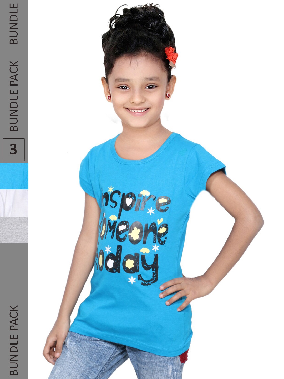 

IndiWeaves Girls Pack Of 3 Typography Printed Pure Cotton T-shirts, Blue