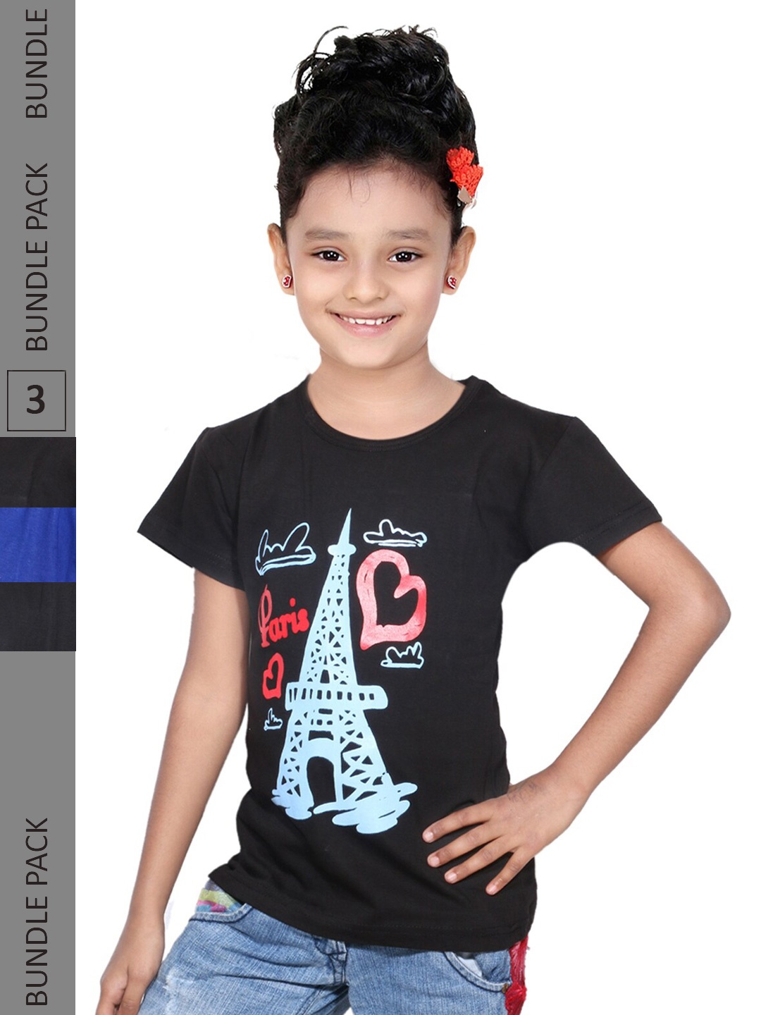 

IndiWeaves Girls Pack of 3 Printed Pure Cotton T-shirts, Black
