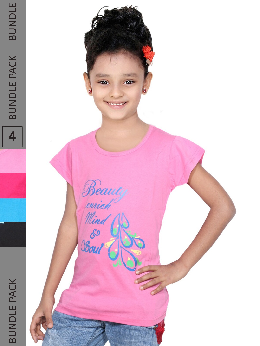 

IndiWeaves Girls Pack Of 4 Printed Pure Cotton T-shirt, Pink