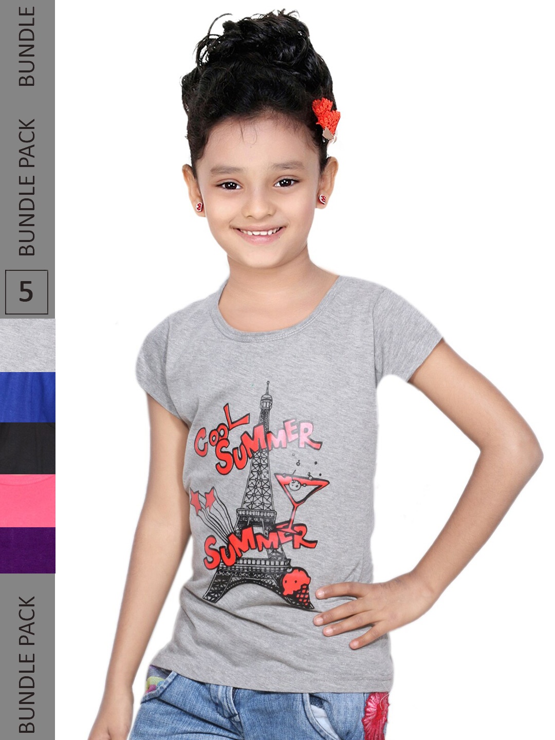 

IndiWeaves Girls Multicoloured Typography 5 Printed Mandarin Collar Applique T-shirt, Multi