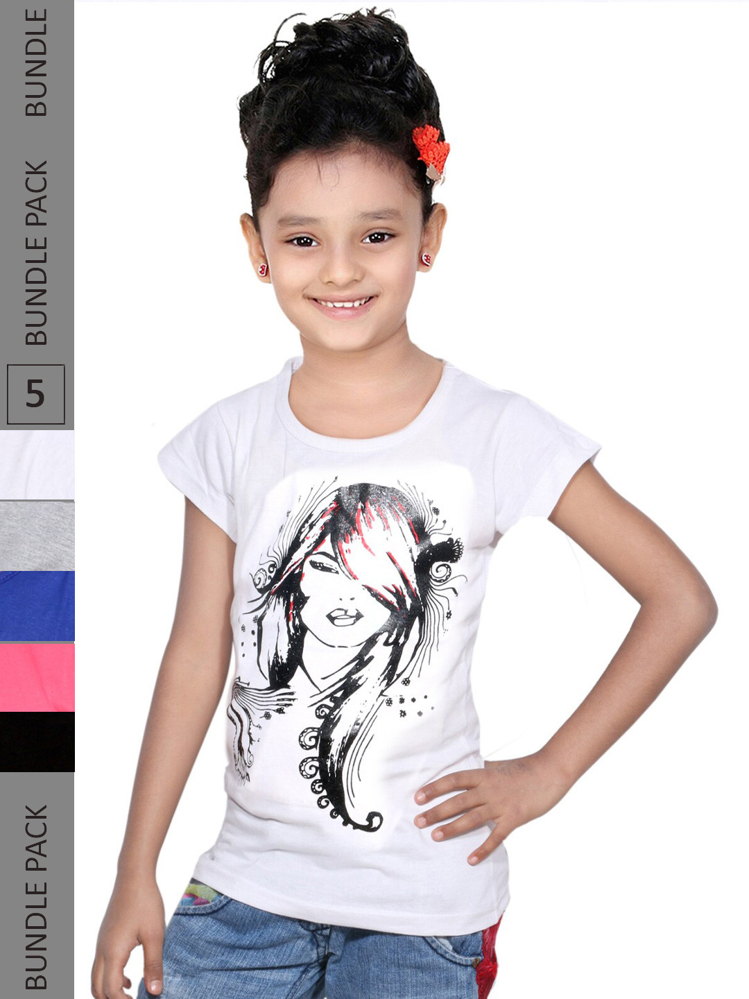 

IndiWeaves Girls Pack of 5 Printed Pure Cotton T-shirts, White