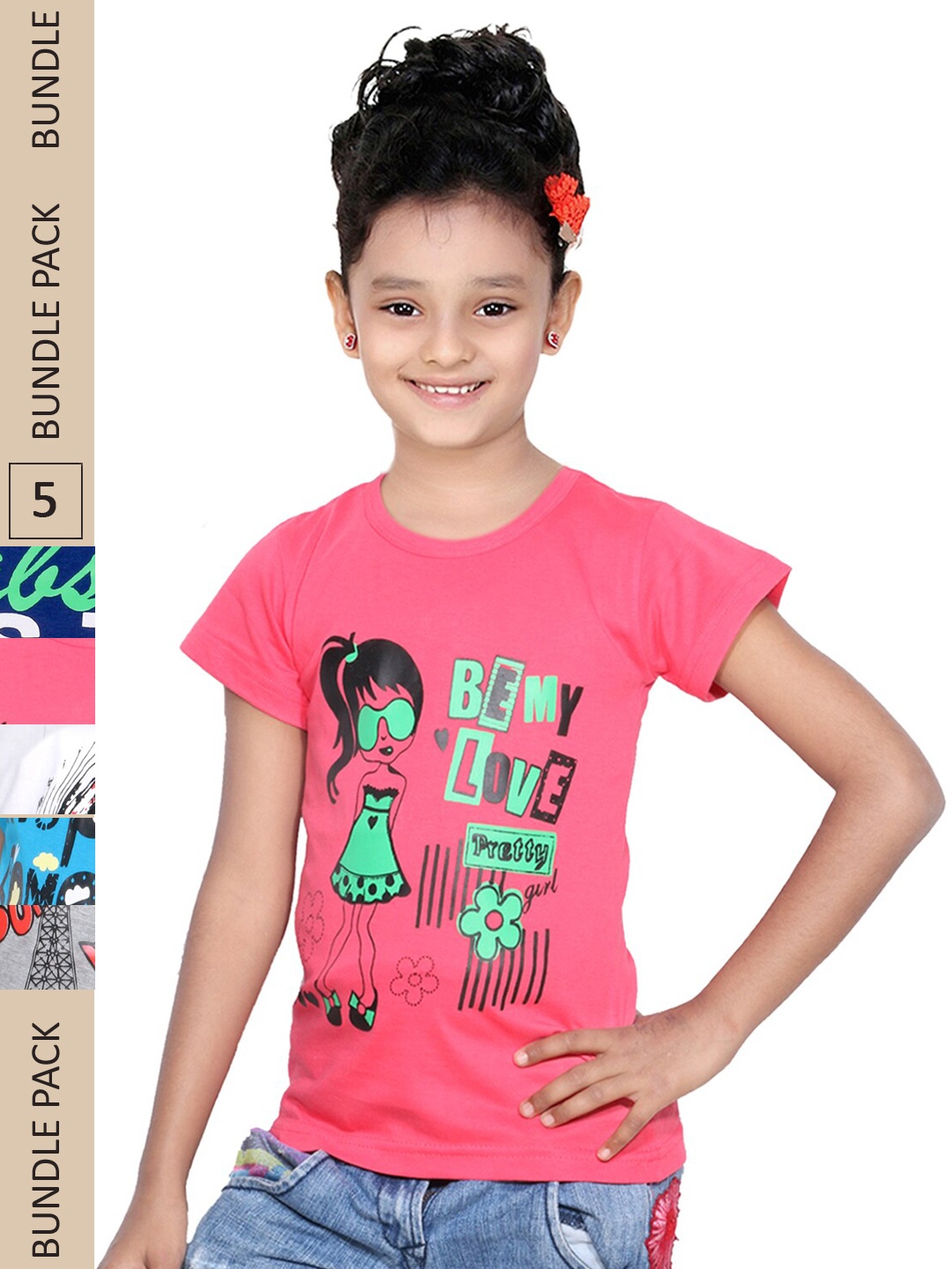 

IndiWeaves Girls Pack Of 5 Typography Printed Pure Cotton T-shirt, Coral