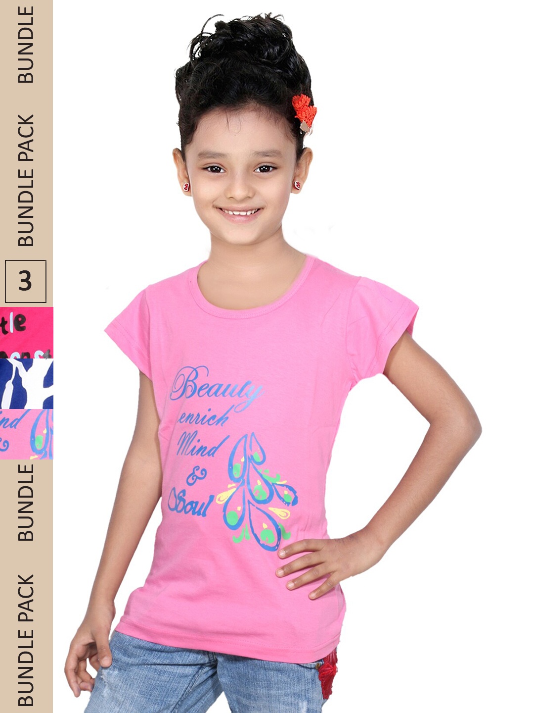

IndiWeaves Girls Pack of 3 Printed Pure Cotton T-shirts, Pink