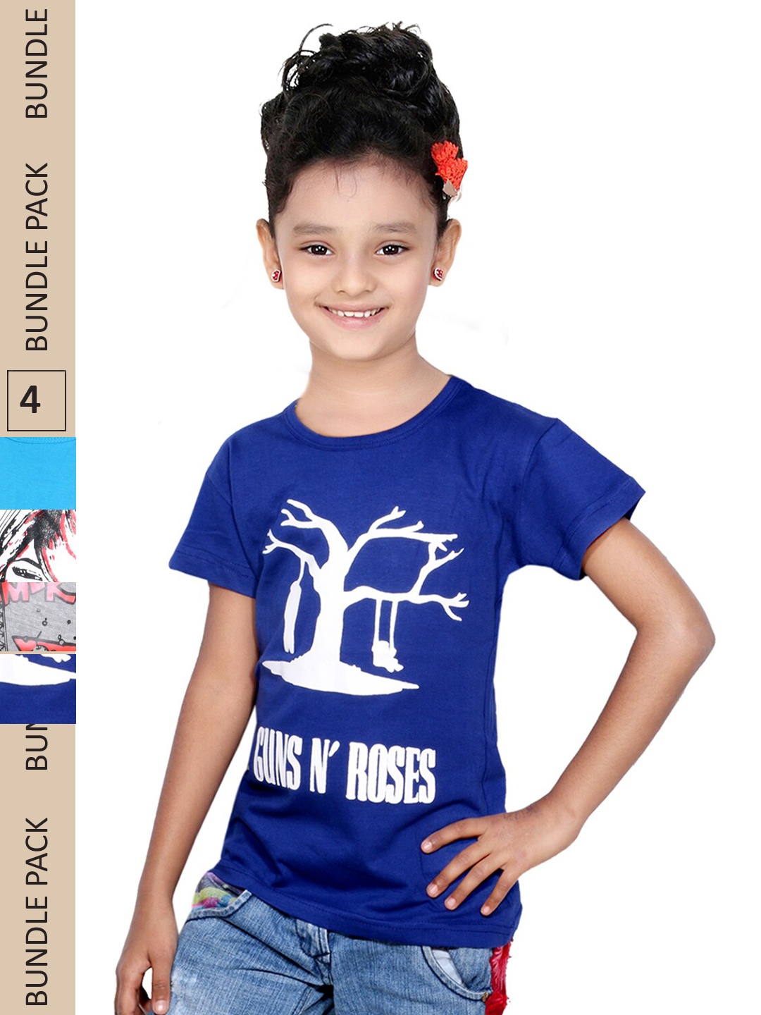 

IndiWeaves Girls Pack Of 4 Typography Printed Pure Cotton T-shirts, Blue