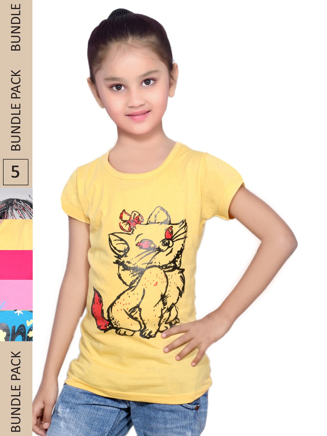 

IndiWeaves Girls Pack of 5 Printed Pure Cotton T-shirts, Yellow