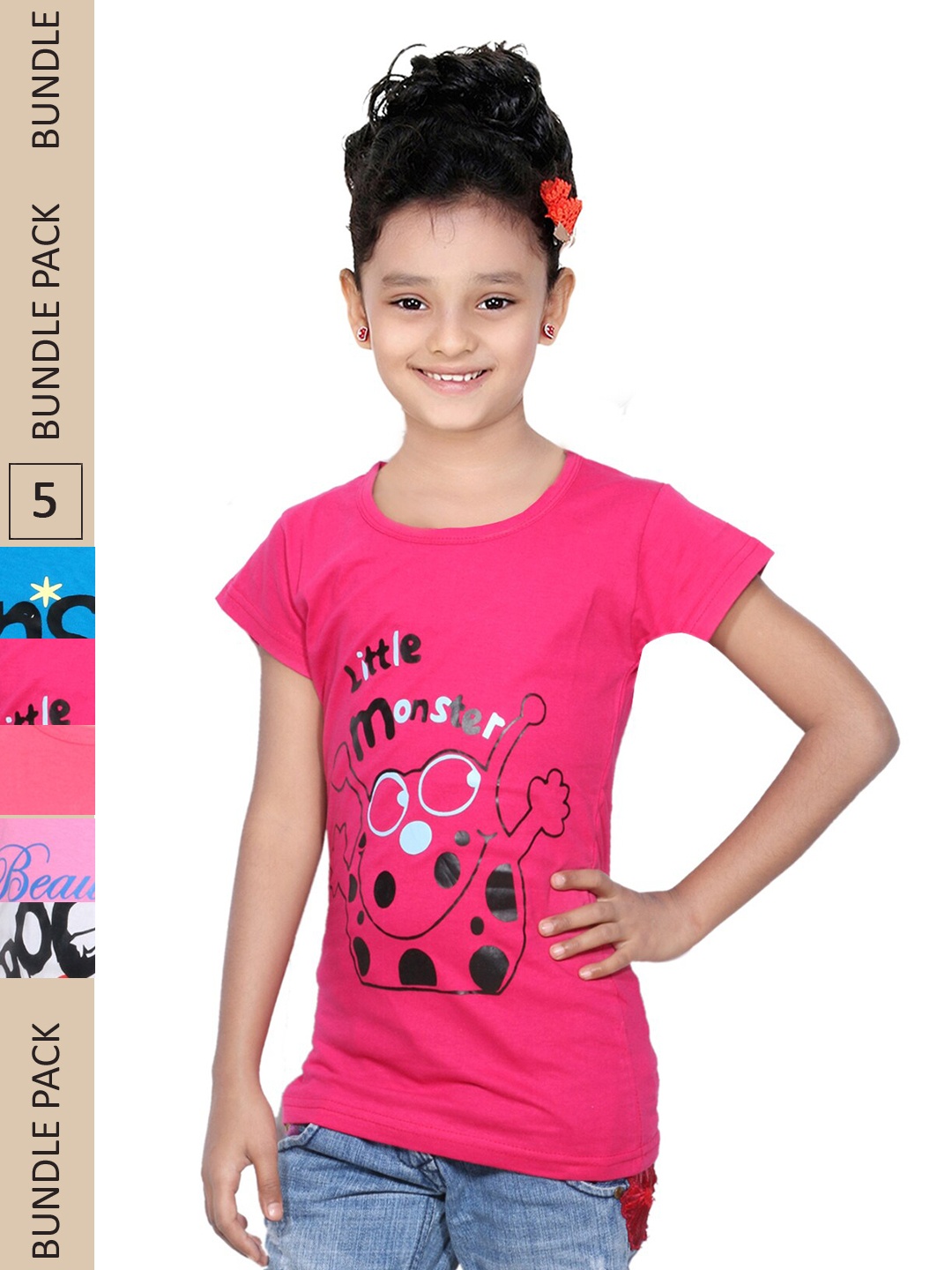 

IndiWeaves Girls Pack Of 5 Printed Pure Cotton T-shirt, Pink