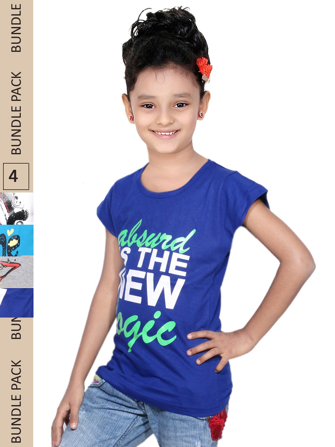 IndiWeaves Girls Pack of 4 Printed Pure Cotton T-shirts, Blue