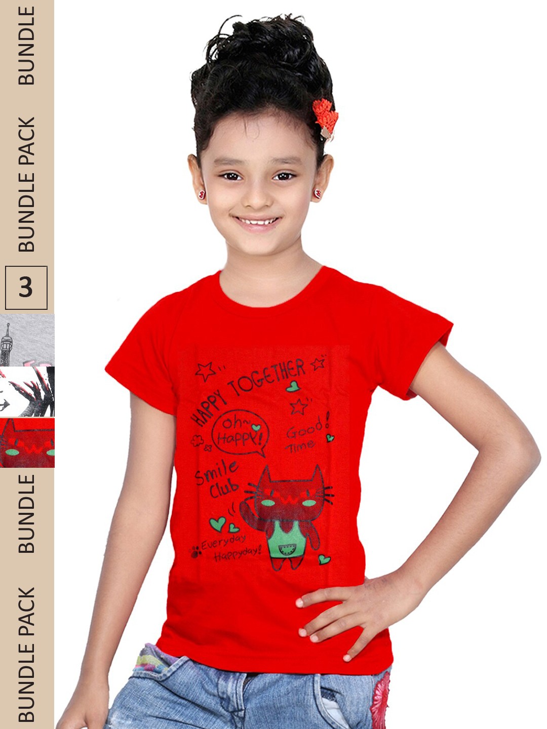 

IndiWeaves Girls Multicoloured 3 Printed T-shirt, Multi