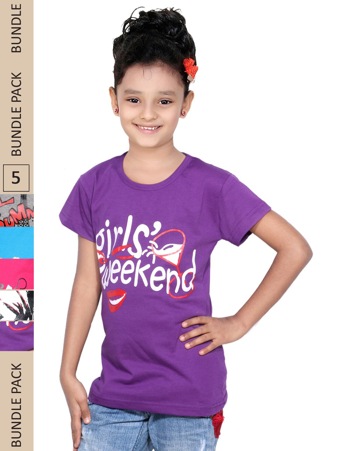 

IndiWeaves Girls Multicoloured 5 Printed Applique T-shirt, Multi