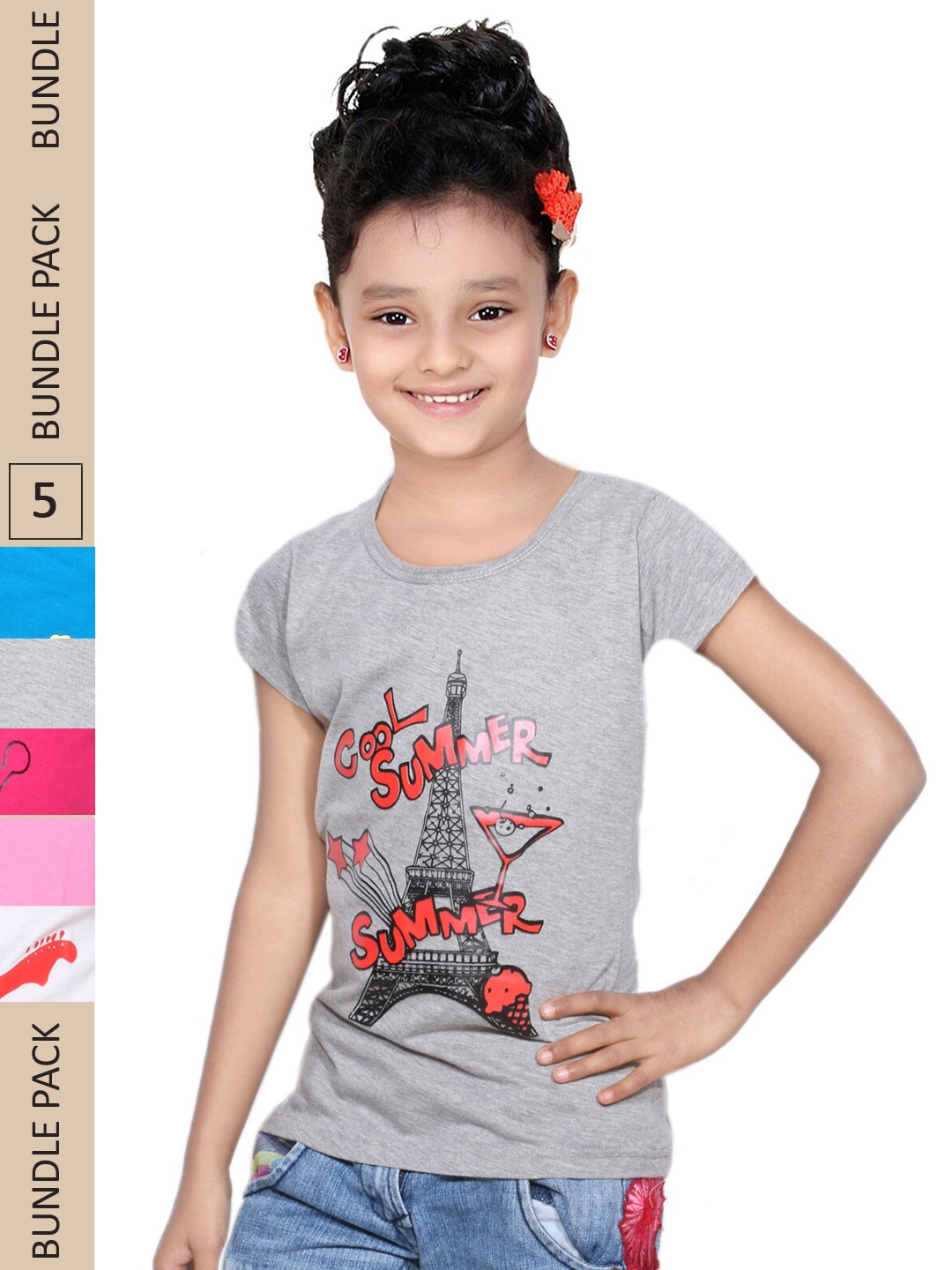 

IndiWeaves Girls Pack of 5 Printed Pure Cotton T-shirts, Grey