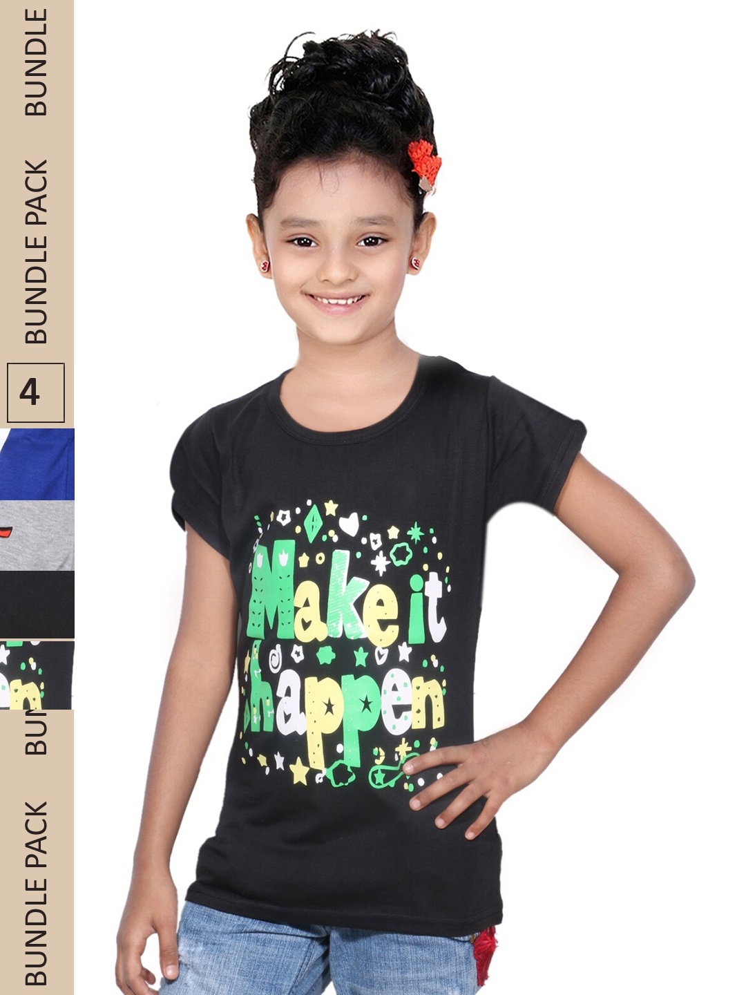 

IndiWeaves Girls Pack Of 4 Printed Pure Cotton T-shirt, Black
