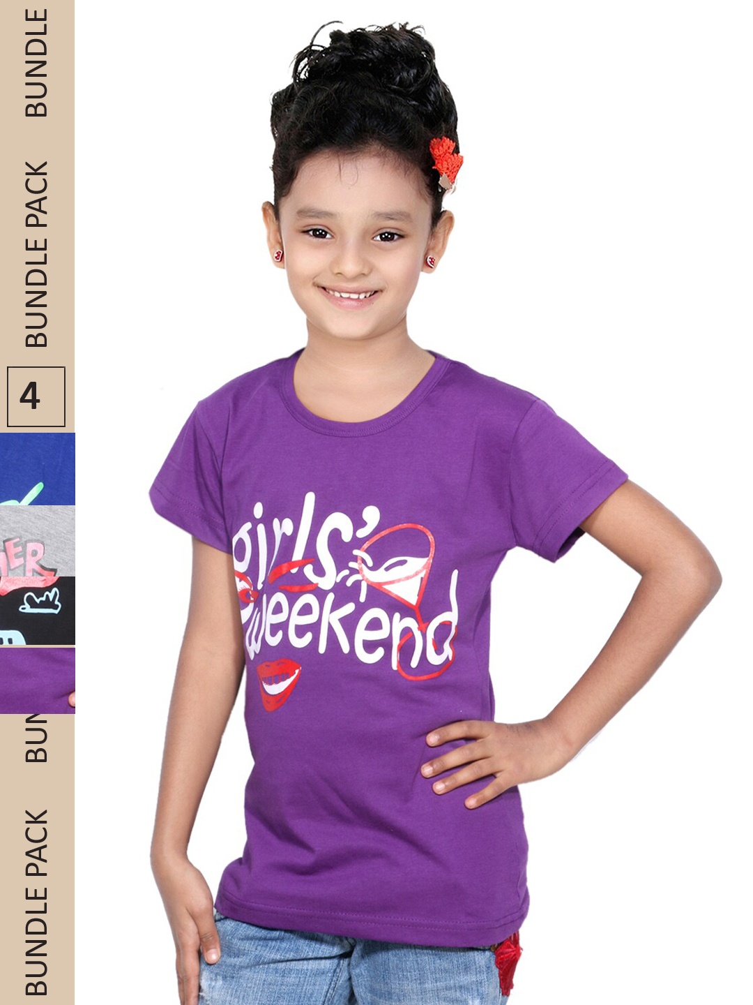 

IndiWeaves Girls Pack of 4 Printed Pure Cotton T-shirts, Purple