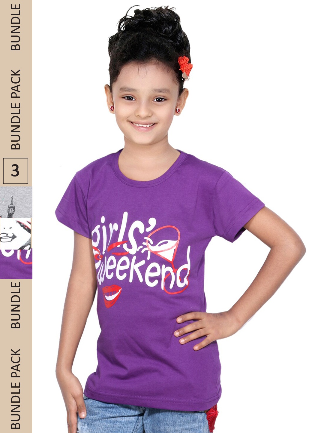 

IndiWeaves Girls Pack of 3 Printed Pure Cotton T-shirts, Purple