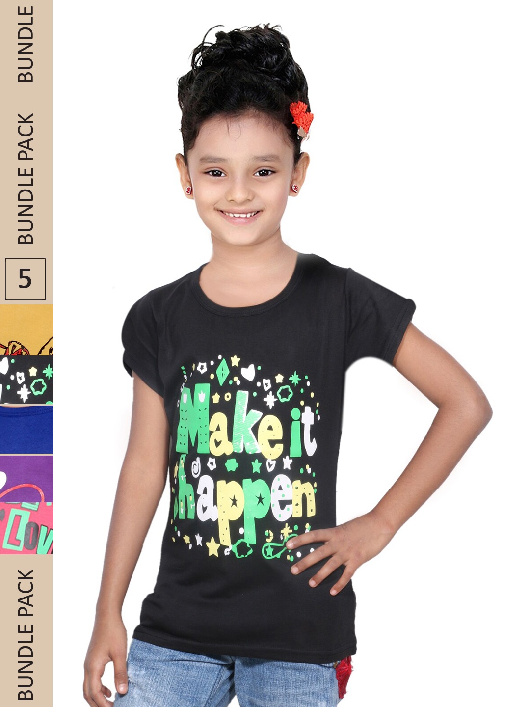 

IndiWeaves Girls Pack Of 5 Typography Printed Pure Cotton T-shirts, Yellow