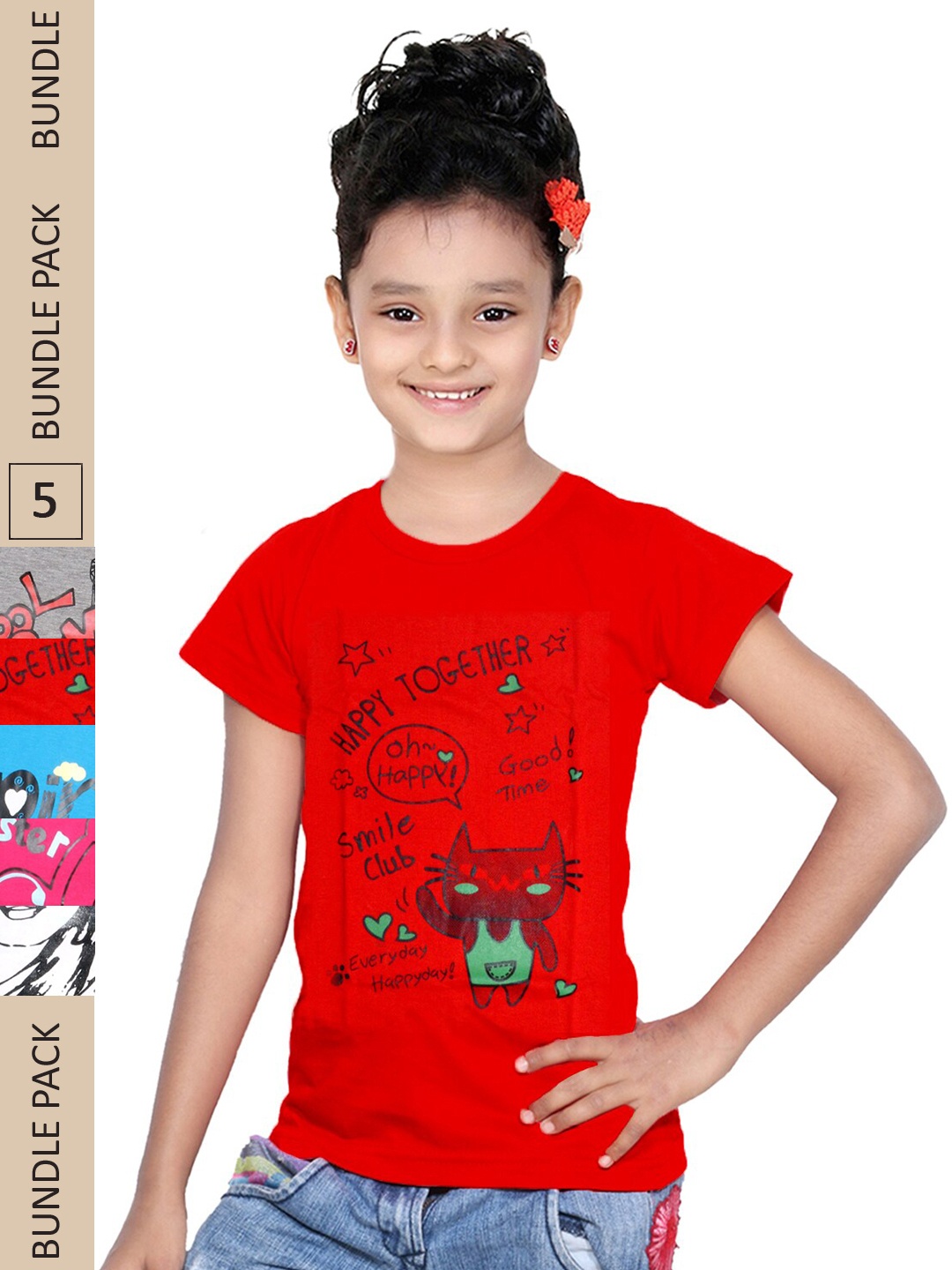 

IndiWeaves Girls Pack Of 5 Typography Printed Pure Cotton T-shirt, Red