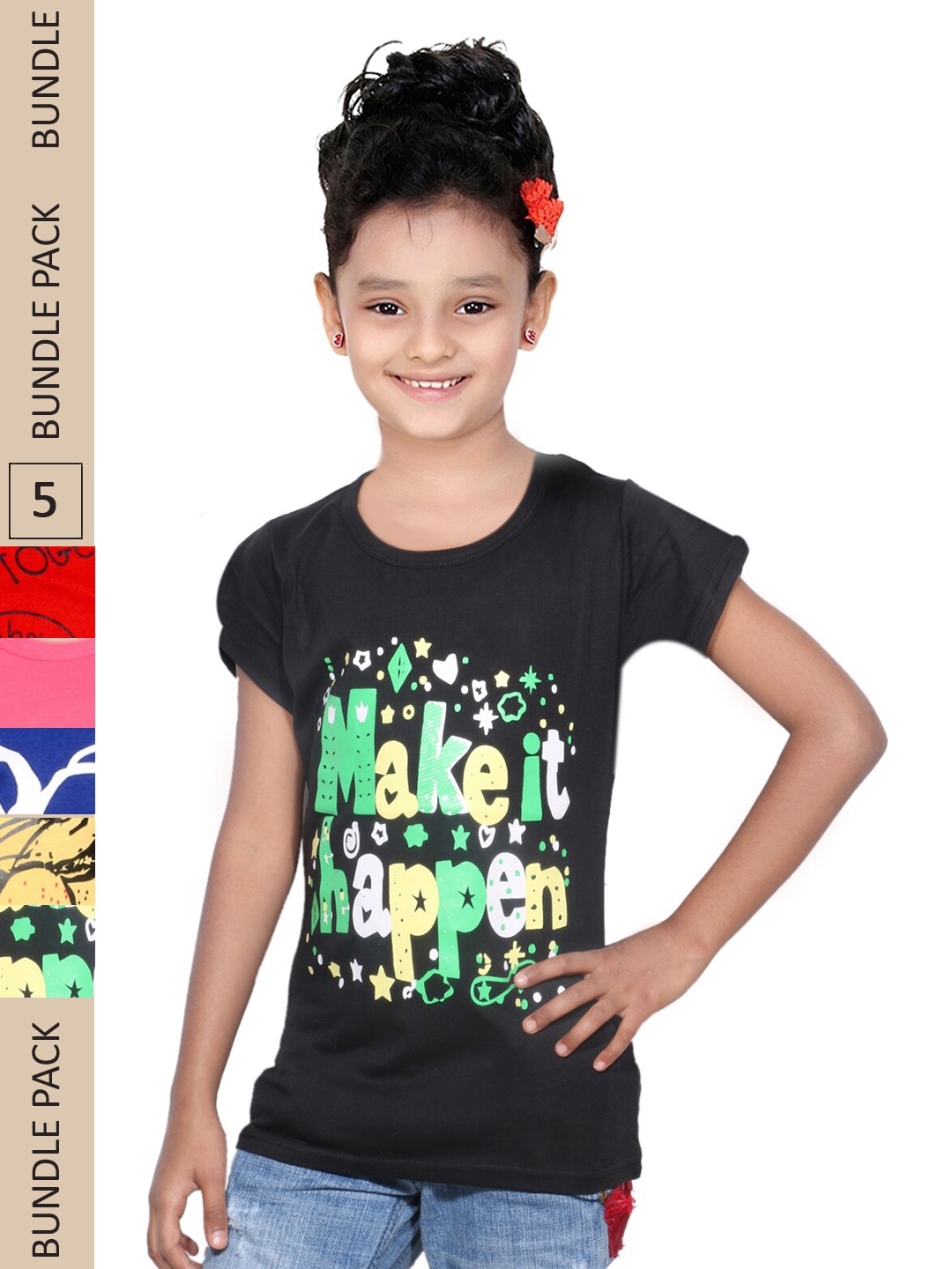 

IndiWeaves Girls Pack Of 5 Typography Printed Pure Cotton T-shirts, Black