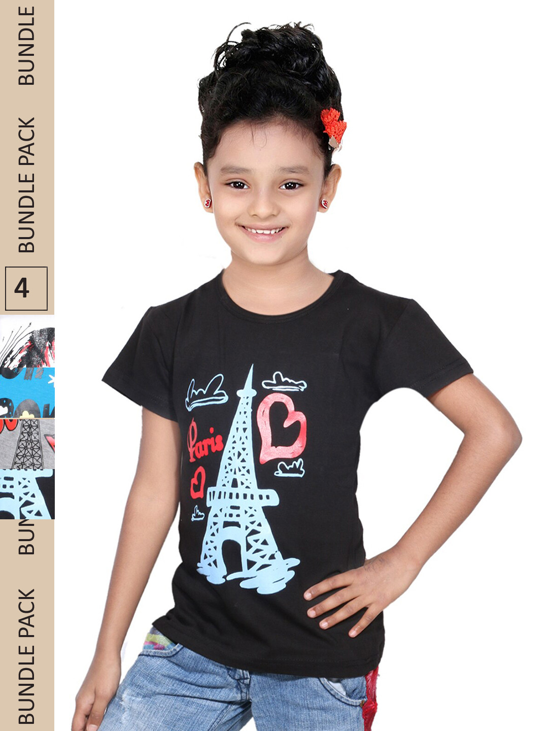 

IndiWeaves Girls Pack Of 4 Typography Printed Pure Cotton T-shirt, Black