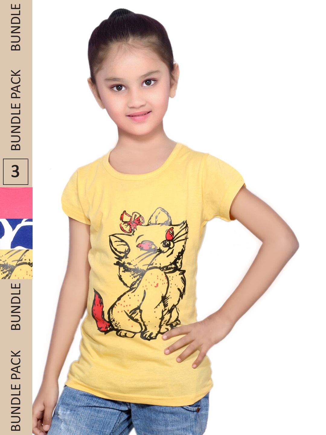

IndiWeaves Girls Pack Of 3 Graphic Printed Pure Cotton T-shirts, Yellow