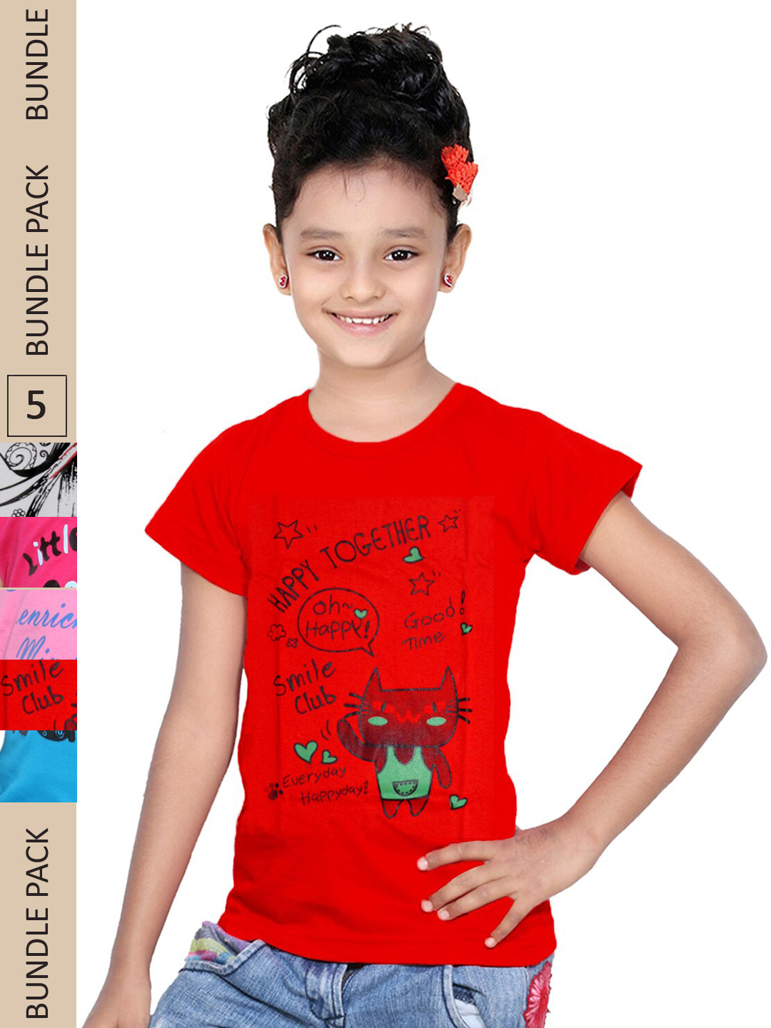 

IndiWeaves Girls Pack Of 5 Typography Printed Pure Cotton T-shirts, Red