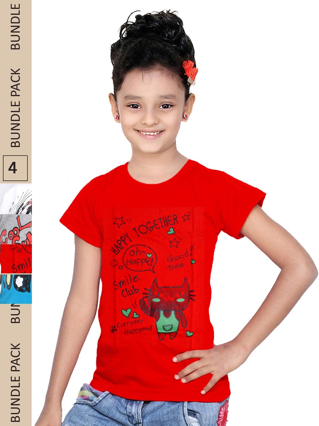 

IndiWeaves Girls Pack Of 4 Typography Printed Pure Cotton T-shirts, Red