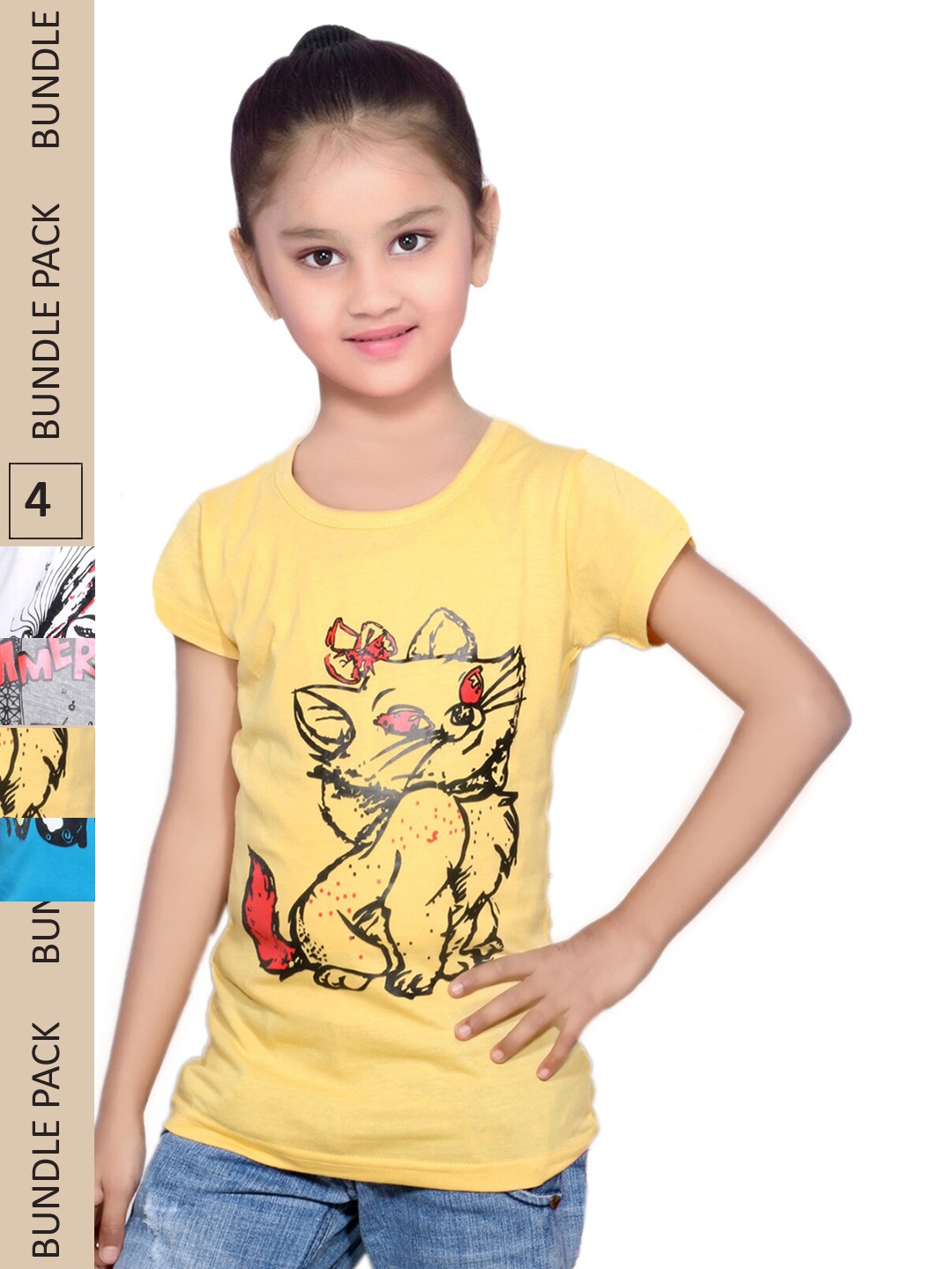 

IndiWeaves Girls Pack Of 4 Printed Pure Cotton T-shirt, Yellow